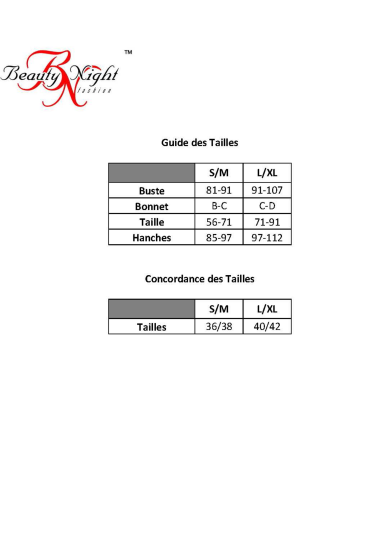 Beauty Night Table présentant des tailles et des conversions de tailles.