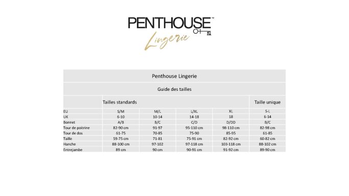 Penthouse Table présentant des tailles et des conversions de tailles.