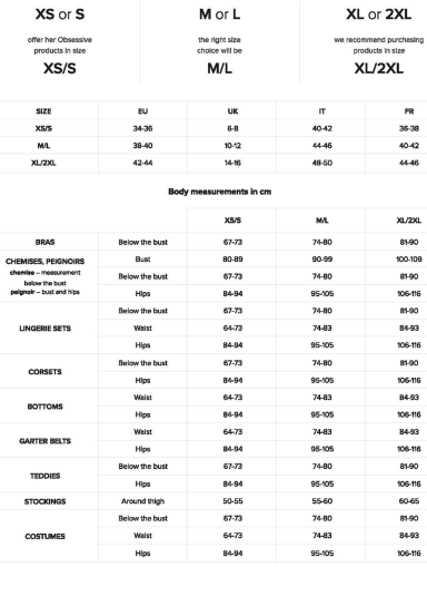 Obsessive Table présentant des tailles et des conversions de tailles.